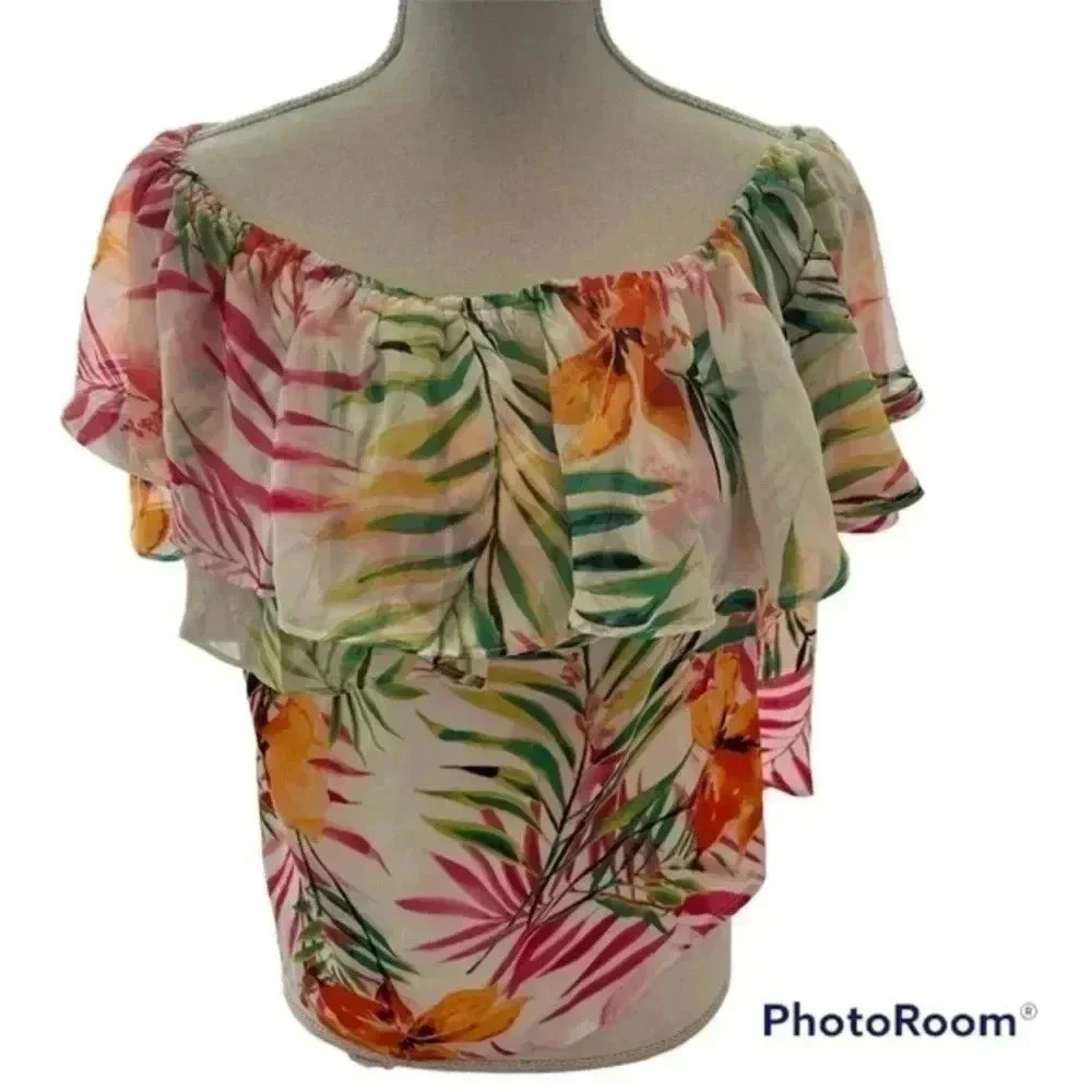New NY & C 7th Avenue Design Womens Ruffled Floral Cold Shoulder Top siz… - Picture 4 of 12
